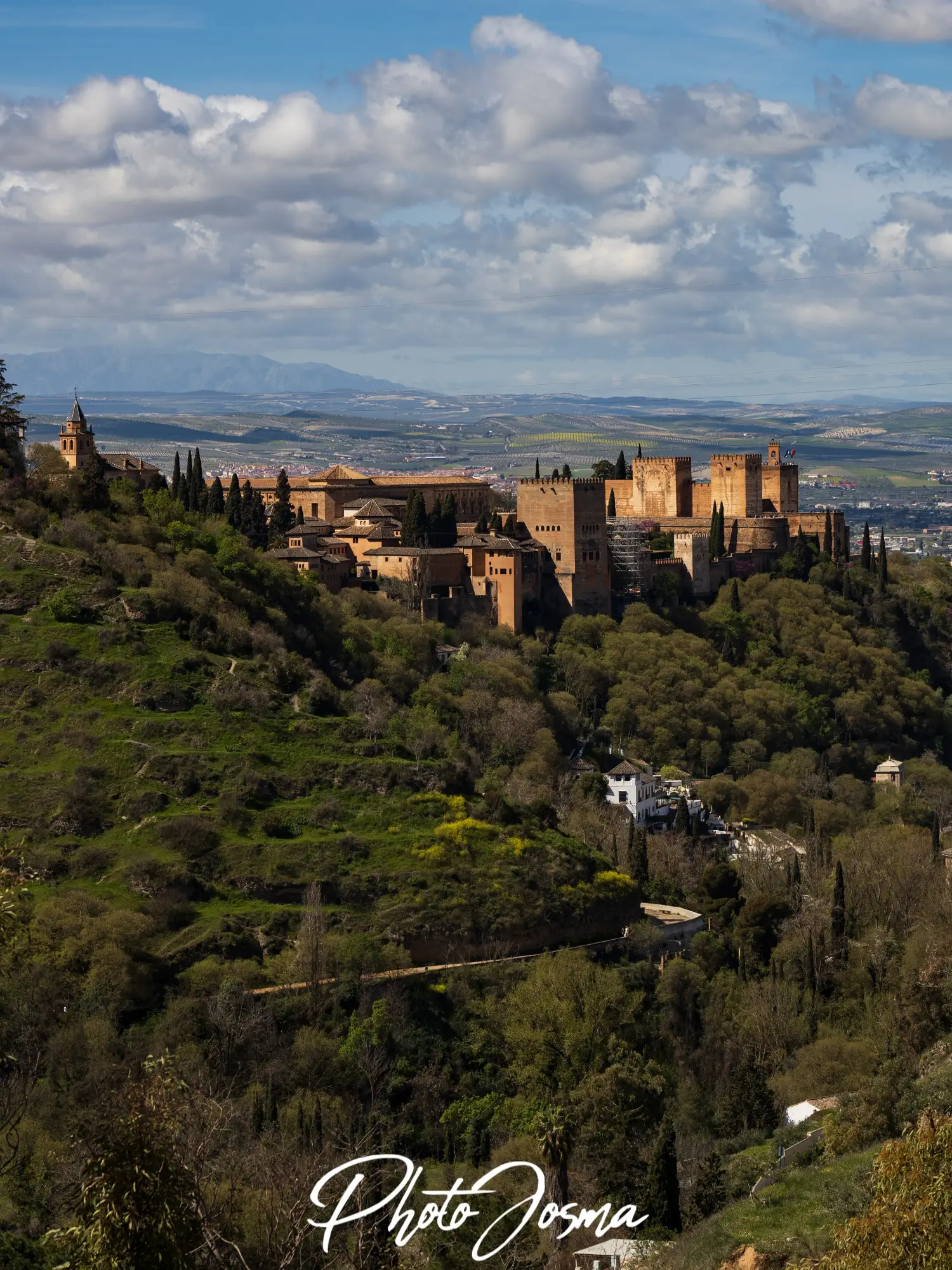 Imagen vertical de la Alhambra de Granada al atardecer con luz dorada